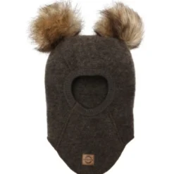 Balaclava Ull med Pom-Pom - Dark Brown Melange