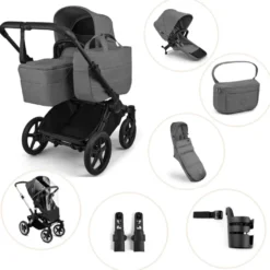 Bugaboo Donkey 6 Barnvagn Inkl. Syskonsits, Organizer, Åkpåse, Mugghållare, Liggdelsadapter & Regnskydd - Moon Grey
