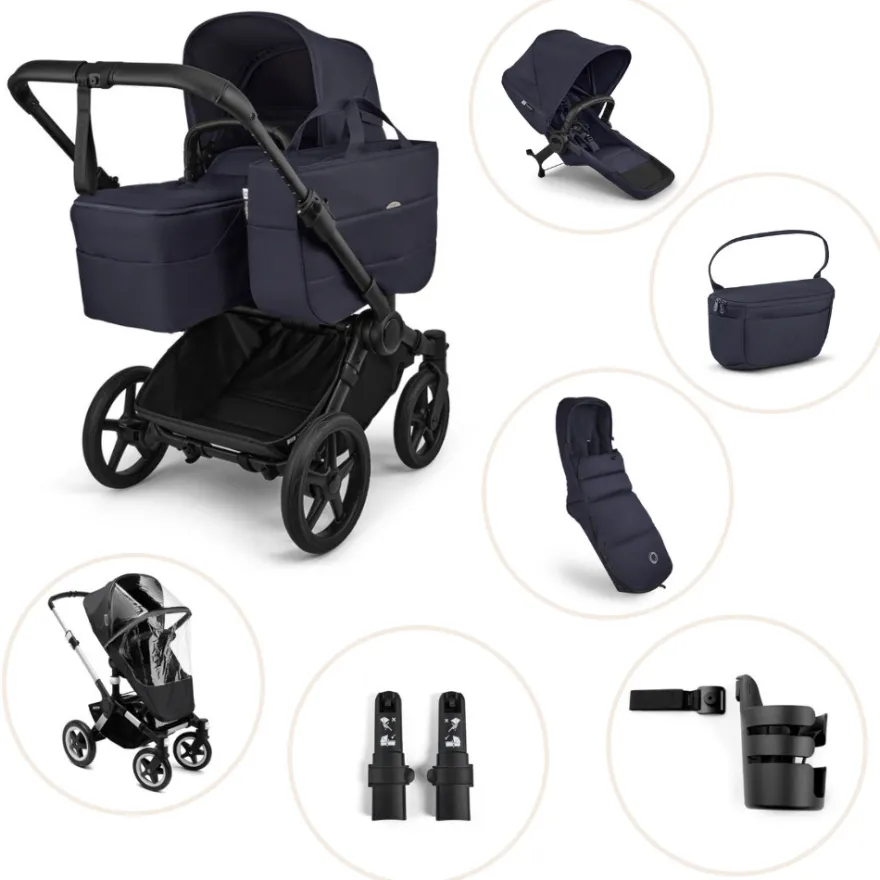 Bugaboo Donkey 6 Barnvagn Inkl. Syskonsits, Organizer, Åkpåse, Mugghållare, Liggdelsadapter & Regnskydd - Deep Indigo