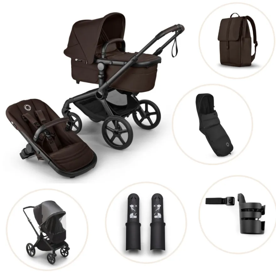 Bugaboo Fox 5 Renew Duovagn Inkl. Skötväska, Åkpåse, Mugghållare, Liggdelsadapter Och Regnskydd – Black/Cocoa Brown