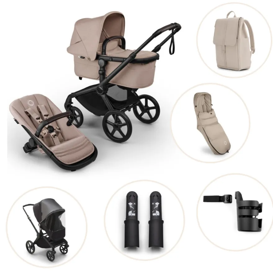 Bugaboo Fox 5 Renew Duovagn Inkl. Skötväska, Åkpåse, Mugghållare, Liggdelsadapter Och Regnskydd – Black/Desert taupe melange