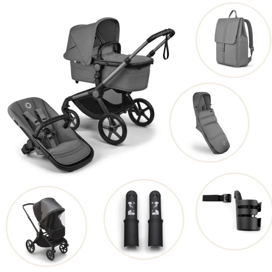 Bugaboo Fox 5 Renew Duovagn Inkl. Skötväska, Åkpåse, Mugghållare, Liggdelsadapter Och Regnskydd – Graphite/Moon Grey