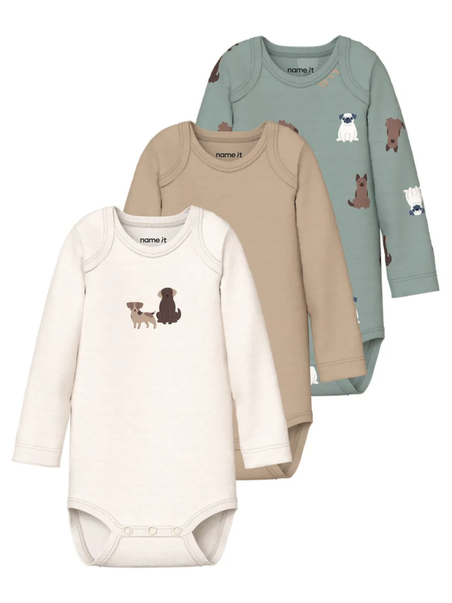 Name It Hund Långärmad Body 3-Pack - Green Milieu