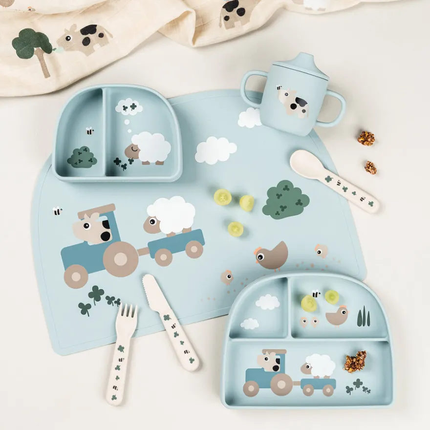 Silikon pipmugg 2 handtag Tiny farm Blå