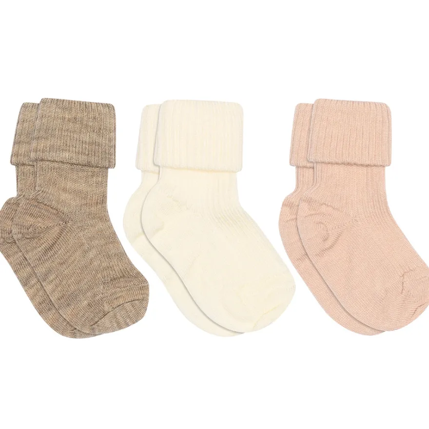 Ull Rib Babystrumpor 3 -pack - Light Brown Melange